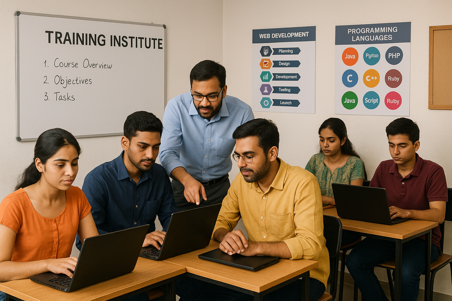 Modern training center with students working on laptops and whiteboard in background